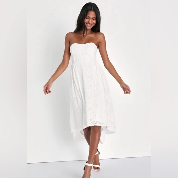 LULUS Curated Charm White Lace Strapless Bustier High-Low Dress BRIDAL - Picture 2 of 12